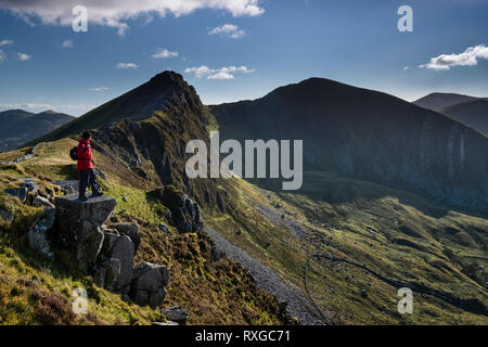 Walker, face à Mynydd Drws y coed, Bostn y et le Ddysgl Nantlle Ridge, Parc National de Snowdonia, le Nord du Pays de Galles, Royaume-Uni Banque D'Images