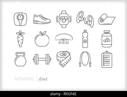 Ensemble de 15 icônes de ligne de l'alimentation pour une alimentation saine, de l'exercice, l'étirement, d'être actif, de la condition physique et la perte de poids Illustration de Vecteur