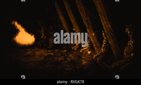 Les momies des arhats à droite de l'entrée du temple oublié. Entrée ronde avec timbre cassé la porte. Genre d'horreur. Fond noir et blanc. Banque D'Images