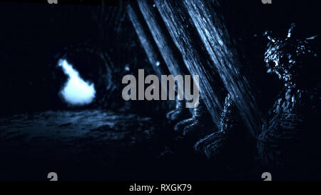 Les momies des arhats à droite de l'entrée du temple oublié. Entrée ronde avec timbre cassé la porte. Genre d'horreur. Fond noir et blanc. Banque D'Images