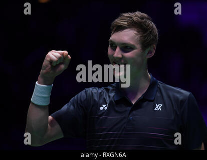 Birmingham, UK. Mar 9, 2019. Yonex All England Open Badminton Championships, jour 4 ; mens match simple, Viktor AKIYUKI NOSAKA de Danemark contre SHI Yuqi de Chine, du Danemark AKIYUKI NOSAKA Viktor célèbre remportant son match contre SHI Yuqi de Chine à 3 jeux : Action Crédit Plus Sport/Alamy Live News Banque D'Images