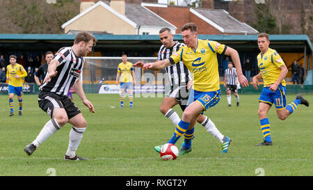 Cheshire, Royaume-Uni. 9 mars 2019. Warrington Town Football Club renoncer à leur initiative dans le Nord de l'Evo-Stik Premier League Division Premier ministre lorsqu'ils ont accueilli les humbles Stafford Rangers FC au stade de recrutement gagnant (également connu sous le nom de parc en porte-à-faux) à Warrington, Cheshire, Angleterre, Royaume-Uni. Stafford a gagné le match par 2 buts à 3 Crédit : John Hopkins/Alamy Live News Banque D'Images