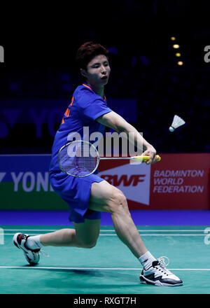 Birmingham, UK. Mar 9, 2019. La Chine concurrence Yuqi Shi au cours de la demi-finale du tournoi avec Viktor du Danemark à Akiyuki Nosaka le All England Open Badminton Championships 2019 à Birmingham, Grande-Bretagne, le 9 mars 2019. Credit : Han Yan/Xinhua/Alamy Live News Banque D'Images