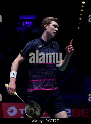 Birmingham, UK. Mar 9, 2019. Viktor du Danemark au cours de la célèbre Akiyuki Nosaka masculin avec la demi-finale à l'Yuqi Shi All England Open Badminton Championships 2019 à Birmingham, Grande-Bretagne, le 9 mars 2019. Credit : Han Yan/Xinhua/Alamy Live News Banque D'Images