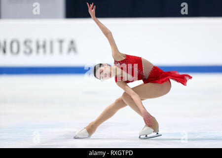 Zagreb, Croatie. Mar 9, 2019. Chen Hongyi de la concurrence de la Chine au cours de la compétition de patinage libre junior de l'Union Internationale de Patinage du monde juniors de patinage artistique à Zagreb, Croatie, le 9 mars 2019. Credit : Luka Evergreen/Xinhua/Alamy Live News Banque D'Images