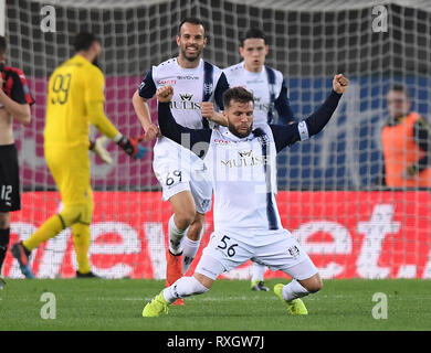 Vérone, Italie. Mar 9, 2019. Chievo Vérone Perparim Hetemaj (avant) célèbre son but pendant un match de football de Série A entre AC Milan et Chievo Vérone à Vérone, Italie, le 9 mars 2019. L'AC Milan a gagné 2-1. Credit : Alberto Lingria/Xinhua/Alamy Live News Banque D'Images