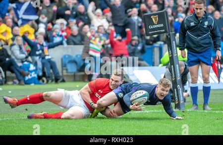 Edimbourg, Ecosse. . 09Th Mar, 2019. firo : 09.03.2019 Guinness, rugby 6 nations match entre l'Ecosse et au Pays de Galles au stade de Murrayfield, Edinburgh BT, Graham (#  11) de l'Ecosse marque un essai d'utilisation de crédit dans le monde entier | : dpa/Alamy Live News Banque D'Images