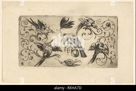 Panneaux d'ornement avec des oiseaux : Planche 8. Adrian Muntink ; Dutch, active 1597-1617. Date : 1617. Dimensions : 51 x 57 mm (plaque). Gravure en noir sur papier. Origine : Pays-Bas. Musée : le Chicago Art Institute. Banque D'Images