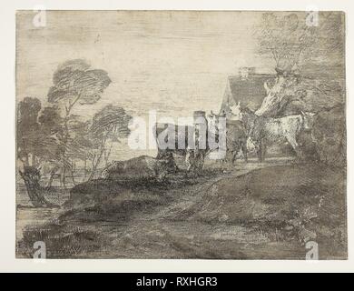 Paysage avec le bétail par un chalet. Thomas Gainsborough ; anglais, 1727-1788. Date : 1775-1780. Dimensions : 205 × 273 mm. Sol mou gravure sur papier vergé crème. Origine : Angleterre. Musée : le Chicago Art Institute. Banque D'Images