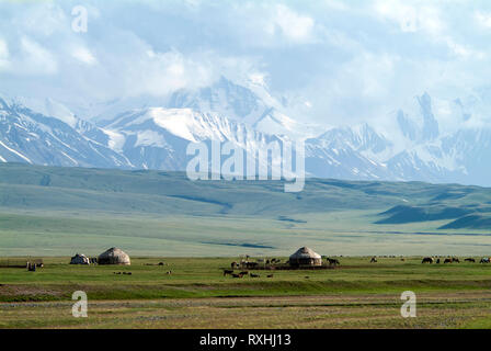 Vue sur la vallée de l'Alay dans le sud du Kirghizistan vers les montagnes du Pamir au Tadjikistan et, sur la route vers la frontière chinoise à Irkeshtam. Sitti Banque D'Images