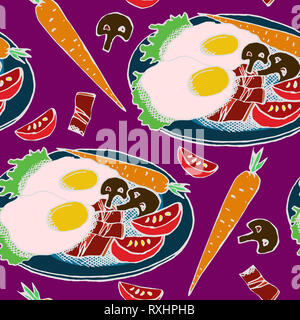 Petit-déjeuner anglais traditionnel, du bacon et des œufs sur le plat avec des tranches de tomates, de champignons, de carottes et de laitue, croquis à la main dans un style pop art Banque D'Images