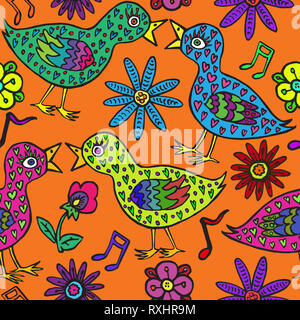 Couple d'oiseaux amoureux de forme de coeur plumes, fleurs et notes, hand drawn doodle, croquis en naïf, style pop art, design pattern transparente sur l'orang Banque D'Images