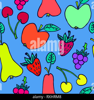 Fruits et baies : cerise, poire, fraise, mûre et apple, hand drawn doodle, croquis en naïf, style pop art, design pattern transparente Banque D'Images