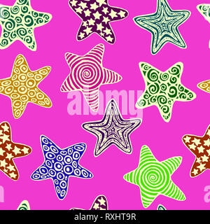 Stars, hand drawn doodle, croquis en naïf, style pop art, design pattern sans contour blanc sur fond violet Banque D'Images