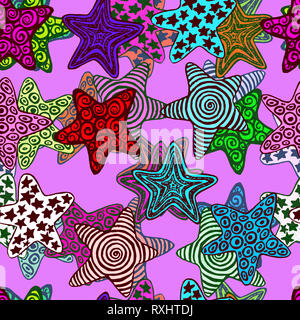 Stars, hand drawn doodle, croquis en naïf, style pop art, design pattern transparente sur fond violet Banque D'Images