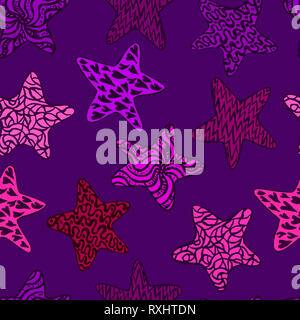 Stars, hand drawn doodle, croquis en naïf, style pop art, design pattern transparente sur fond violet Banque D'Images