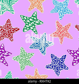 Stars, hand drawn doodle, croquis en naïf, style pop art, design pattern sans contour blanc sur fond violet Banque D'Images