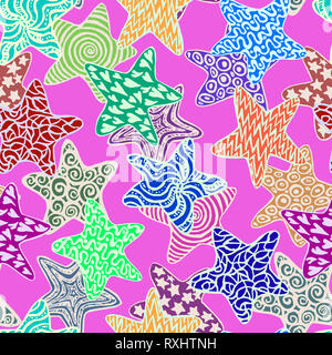 Stars, hand drawn doodle, croquis en naïf, style pop art, design pattern sans contour blanc sur fond violet Banque D'Images