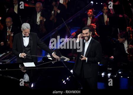 Performancers lors de la 69 e Festival de la chanson italienne de Sanremo avec : Marco Mengoni Quand : 06 Feb 2019 Credit : IPA/WENN.com **Uniquement disponible pour publication au Royaume-Uni, USA, Allemagne, Autriche, Suisse** Banque D'Images