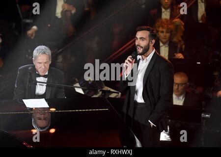 Performancers lors de la 69 e Festival de la chanson italienne de Sanremo avec : Marco Mengoni Quand : 06 Feb 2019 Credit : IPA/WENN.com **Uniquement disponible pour publication au Royaume-Uni, USA, Allemagne, Autriche, Suisse** Banque D'Images