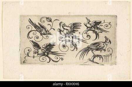 Panneaux d'ornement avec des oiseaux : Planche 6. Adrian Muntink ; Dutch, active 1597-1617. Date : 1617. Dimensions : 49 x 97 mm (plaque). Gravure en noir sur papier. Origine : Pays-Bas. Musée : le Chicago Art Institute. Banque D'Images