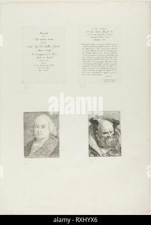 Page de titre, dédicace, Portrait de Giambattista Tiepolo, vieux barbu Man. Giovanni Domenico Tiepolo ; italien, Bassano Jacopo. Date : 1775. Dimensions : 145 x 109 mm (image/plaque, en haut à gauche) ; 147 x 111 mm (image/plaque, en haut à droite) ; 118 x 90 mm (image, en bas à gauche) ; 120 x 94 mm (plaque, en bas à gauche) ; 115 x 82 mm (image, en bas à droite) ; 118 x 82 mm (plaque, en bas à droite) ; 546 x 383 mm (feuille). Quatre gravures sur papier vergé ivoire. Origine : Italie. Musée : le Chicago Art Institute. Banque D'Images