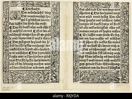 Les passages avec dévotion de Andächtig Zeitglöcklein frontières ornementales des Leidens und Leben Christi, 17 gravures sur bois de la plaque à partir de livres de la 15e siècle. Artiste inconnu (Ulm, 15ème siècle) ; imprimé et publié par Konrad Dinckmut (allemand, actif 1476-1499) ; texte original par Bertholdus von Regensburg (Allemagne), ch. 1220-1272) ; texte portefeuille par Wilhelm Ludwig Schreiber (allemand, 1855-1932). Date : 1493. Dimensions : 135 x 194 mm. La typographie et la gravure sur bois en noir (recto et verso) sur papier vergé crème, sur vélin crème mat. Origine : Allemagne. Musée : le Chicago Art Institute. Banque D'Images