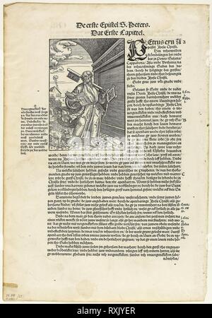 De Saint Pierre De Biblie ve der vthlegginge Doctoris Martini Luthers, plaque de 27 gravures sur bois dans les livres du xvie siècle. Erhard, (Allemand), ch. 1485-1561) ; texte original allemand traduction de la Bible par Martin Luther (1483-1546) ; portfolio texte de Max Geisberg, Suisse (1875-1943). Date : 1534. Dimensions : 135 × 92 mm (image) ; 287 × 205 mm (image/te×t) ; 361 × 247 mm (feuille). La typographie et la gravure sur bois en noir sur papier vergé crème. Origine : Allemagne. Musée : le Chicago Art Institute. Banque D'Images