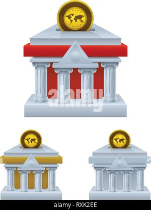 Tirelire en forme de bâtiment banque avec de l'or sur fond blanc. Financial concept design. Illustration de Vecteur
