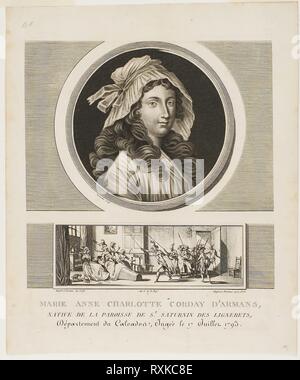 Marie Anne Charlotte Corday d'Armans, à partir de tableaux historiques de la Révolution française, volume III. Jean Duplessi-Bertaux (Français, 1747-1819) ; et Charles François Gabriel Levachez (français, actif 1780-1820). Date : 1793. Dimensions : 178 × 177 mm (image) ; 249 × 209 mm (feuille). La gravure et la gravure sur ivoire crépi papier prévue avec la Chine Chine collé sur papier vélin ivoire. Origine : France. Musée : le Chicago Art Institute. Banque D'Images