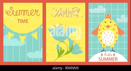 Un ensemble de cartes d'été lumineux. Carte de souhaits . Concept design vectoriel pour l'été partie. Illustration de Vecteur