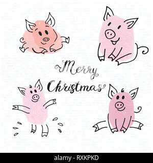 Zodiaque symbole de la nouvelle année 2019 Piggy pink fun collection de dessins d'empreintes digitales cartes de souhaits porcelets du lettrage Noël 2019 Banque D'Images