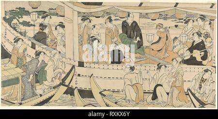 Une partie des acteurs de la navigation de plaisance sur la rivière Sumida. Torii Kiyonaga, Japonais, 1752-1815. Date : 1784-1794. Dimensions : 36,8 × 25,1 cm (feuille de droite) ; 36,8 × 25,1 cm (feuille) ; centre 36,9 × 25,2 cm (gauche). Gravure sur bois en couleur ; triptyque d'Oban. Origine : Japon. Musée : le Chicago Art Institute. Banque D'Images