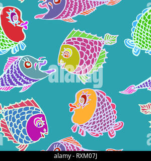 Drôle de poissons colorés, hand drawn doodle, croquis en naïf, style pop art, contour blanc, pattern design transparente sur fond vert Banque D'Images