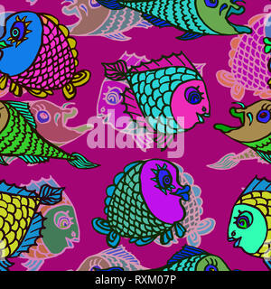 Drôle de poissons colorés, hand drawn doodle, croquis en naïf, style pop art, design pattern transparente sur fond violet Banque D'Images