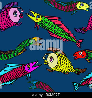 Lophius piscatorius colorés drôles (angler), le brochet, l'anguille poissons, hand drawn doodle, croquis en naïf, style pop art, design pattern transparente sur le bleu foncé Banque D'Images