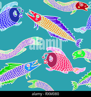 Lophius piscatorius colorés drôles (angler), le brochet, l'anguille poissons, hand drawn doodle, croquis en naïf, style pop art, contour blanc, motif transparent le desi Banque D'Images