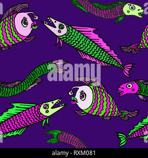 Funny Lophius piscatorius rose et vert (pêcheur), le brochet, l'anguille poissons, hand drawn doodle, sketch dans un style naïf, pop art, design pattern transparente Banque D'Images