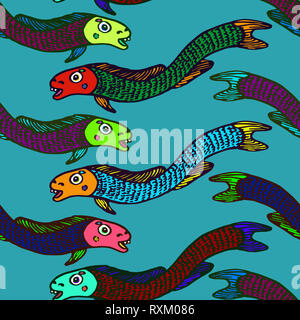 L'anguille, poissons colorés rigolo hand drawn doodle, croquis en naïf, style pop art, design pattern transparente sur fond vert Banque D'Images