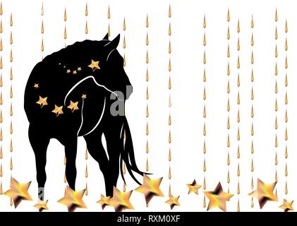 Cheval Arabe noir avec la crinière d'or le soir de Noël chez sparkle stars. Caricature de fête horse Illustration de Vecteur