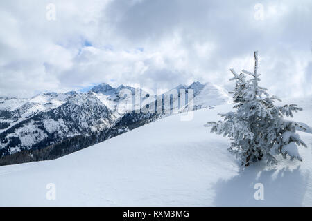 Une photo de la journée ensoleillée en Alpes autrichiennes. La visibilité est excellente, la nature est très agréable. Les sommets des montagnes se cachent dans certains nuages. Banque D'Images