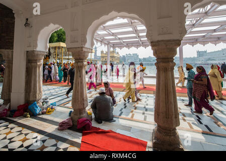 L'INDE, Punjab, Amritsar, pèlerins dans le temple d'or d'Amritsar. Le temple est le plus saint de culte pour la communauté sikh Banque D'Images