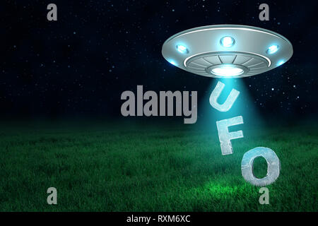 Le rendu 3D d'un ovni dans la nuit au-dessus d'un pré vert avec des lettres U-F-O de tomber à partir de sa trappe ouverte. Banque D'Images