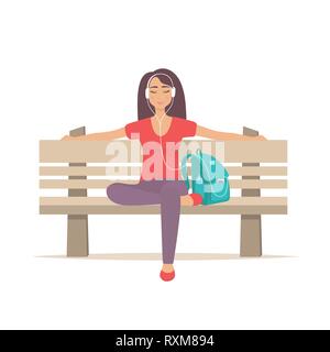 Jolie fille assise sur un banc avec des écouteurs et écouter de la musique. Young woman enjoying music sur banc de parc. Vector illustration Illustration de Vecteur