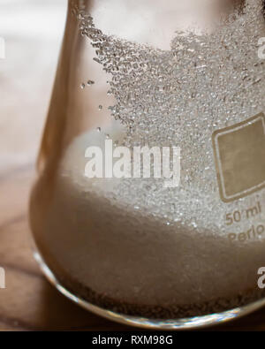 Le sucre de table remplissant l'intérieur d'une fiole jaugée de 50 mL. Cristaux sur côté de la fiole de l'éclat avec leur géométrie unique et les bords. Banque D'Images