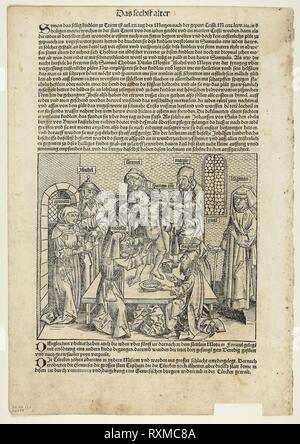 Le martyr de Saint Simon de trente de Schedel (Weltchronik Schedel's l'histoire du monde), la plaque de 23 gravures sur bois dans les livres de la 15e siècle. Michel Wolgemut (allemand, 1434/37-1519) et Wilhelm Pleydenwurff (Allemand), ch. 1460-1494), imprimées et publiées par Anton Koberger (Allemand), ch. 1440/45-1513) ; texte original par Hartmann Schedel (allemand, 1440-1514) ; texte portefeuille par Wilhelm Ludwig Schreiber (allemand, 1855-1932). Date : 1493. Dimensions : 194 x 226 mm (image) ; 424 x 295 mm (feuille). La typographie et la gravure sur bois en noir (recto et verso) sur papier vergé chamois, sur vélin crème mat. Origine : Banque D'Images