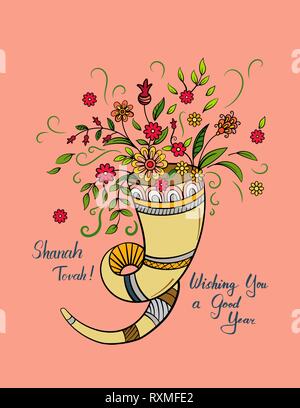 Rosh Hashanah - Le Nouvel An juif modèle de carte avec des fleurs et le Chofar. Hand drawn vector illustration. Illustration de Vecteur