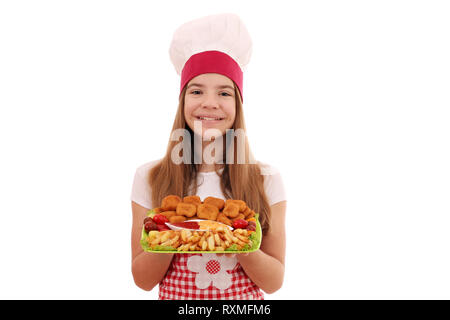 Happy girl cook avec nuggets de poulet et frites fast food Banque D'Images