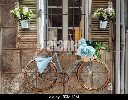 Volets d'une maison dans la ville française Antibes joliment décorées de pots de fleurs colorés et le mur avec un vélo Banque D'Images