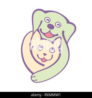 Chien et chat câlin avec amour ensemble, pour les amoureux des animaux, les cliniques vétérinaires et les refuges pour animaux sans-abri, le logo vector illustration sur fond blanc. Illustration de Vecteur